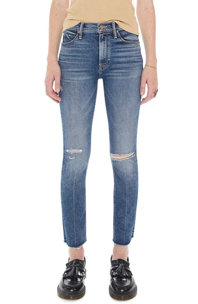 Mother The Dazzler Ripped Mid Rise Ankle Slim Jeans In Blue