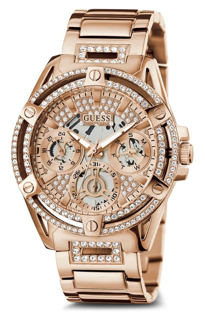 Guess Multifunction Crystal Skeleton Bracelet Watch, 40mm In Rose Gold/rose Gold/rose Gold