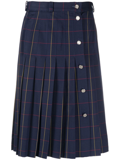 Pre-owned Celine 1980s Check-patterned Pleated Skirt In Blue