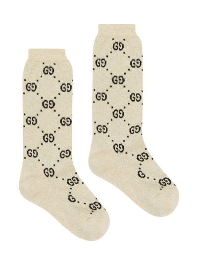 Gucci Kids' Gg Supreme Cotton Blend Knit Socks In Ivory,black