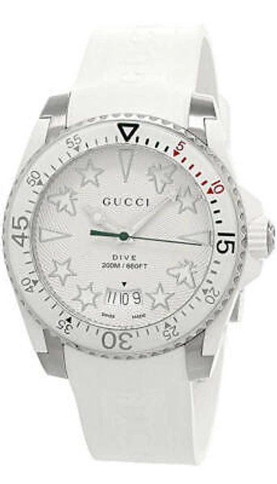 Pre-owned Gucci Dive 40mm Quartz Silver Dial White Rubber Men's Watch Ya136337