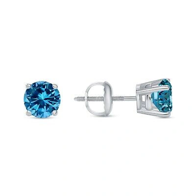 Pre-owned Shine Brite With A Diamond 1 Ct Round Cut Blue Earrings Studs Solid Real 950 Platinum Screw Back Basket In White