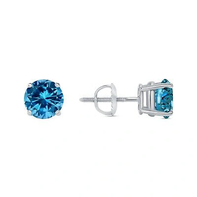Pre-owned Shine Brite With A Diamond 2.50 Ct Round Cut Blue Earrings Studs Solid 18k White Gold Screw Back Basket