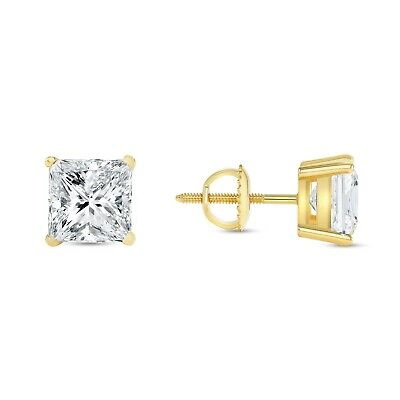 Pre-owned Shine Brite With A Diamond 4 Ct Princess Cut Earrings Studs Real Solid 18k Yellow Gold Screw Back Basket In White/colorless