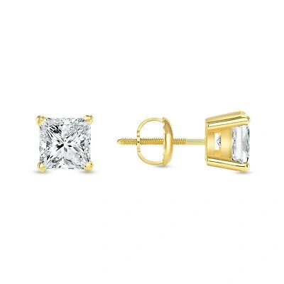 Pre-owned Shine Brite With A Diamond 2 Ct Princess Cut Earrings Studs Real 18k Yellow Gold Brilliant Basket Screwback In White/colorless