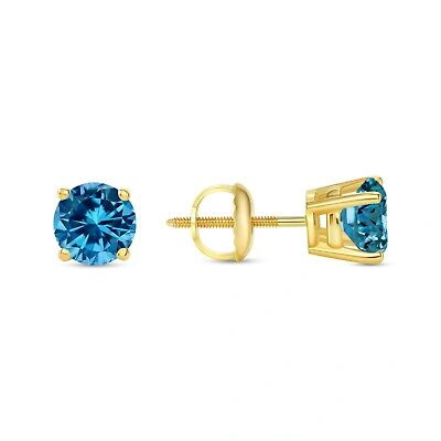 Pre-owned Shine Brite With A Diamond 1.50 Ct Round Cut Blue Earrings Studs Solid 18k Yellow Gold Screw Back Basket