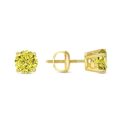 Pre-owned Shine Brite With A Diamond 1.50 Ct Round Cut Canary Earrings Studs Solid 18k Yellow Gold Screw Back Basket