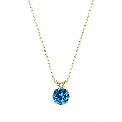 Pre-owned Shine Brite With A Diamond 1.50 Ct Round Cut Blue Solid 14k Yellow Gold Solitaire Pendant 18" Necklace