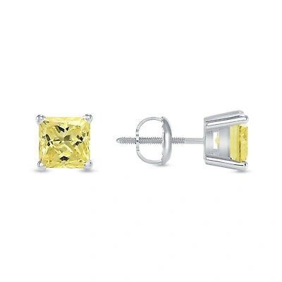 Pre-owned Shine Brite With A Diamond 2 Ct Princess Cut Canary Earrings Studs Solid 18k White Gold Screw Back Basket