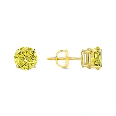 Pre-owned Shine Brite With A Diamond 2.50 Ct Round Cut Canary Earrings Studs Solid 18k Yellow Gold Screw Back Basket