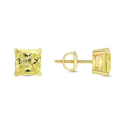 Pre-owned Shine Brite With A Diamond 5.5 Ct Princess Canary Earrings Studs Solid 14k Yellow Gold Screw Back Basket
