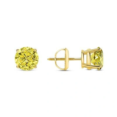 Pre-owned Shine Brite With A Diamond 4 Ct Round Cut Canary Earrings Studs Solid 18k Yellow Gold Screw Back Basket