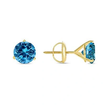 Pre-owned Shine Brite With A Diamond 5 Ct Round Cut Blue Earrings Studs Solid Real 14k Yellow Gold Screw Back Martini