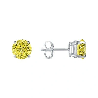 Pre-owned Shine Brite With A Diamond 2.75 Ct Round Cut Canary Earrings Studs Solid 14k White Gold Push Back Basket