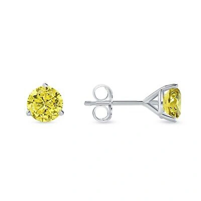 Pre-owned Shine Brite With A Diamond 1.25 Ct Round Canary Earrings Studs Solid Real 18k White Gold Push Back Martini