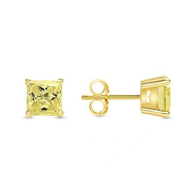 Pre-owned Shine Brite With A Diamond 2 Ct Princess Cut Canary Earrings Studs Solid 18k Yellow Gold Push Back Basket