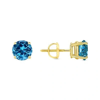 Pre-owned Shine Brite With A Diamond 2 Ct Round Cut Blue Earrings Studs Solid Real 18k Yellow Gold Screw Back Basket