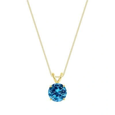 Pre-owned Shine Brite With A Diamond 2 Ct Round Cut Blue Solid Real 14k Yellow Gold Solitaire Pendant 18" Necklace