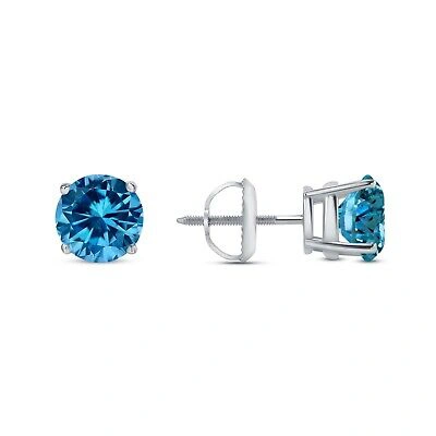 Pre-owned Shine Brite With A Diamond 4 Ct Round Cut Blue Earrings Studs Solid Real 18k White Gold Screw Back Basket