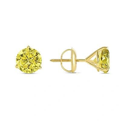 Pre-owned Shine Brite With A Diamond 5.50 Ct Round Cut Canary Earrings Studs Solid 14k Yellow Gold Screw Back Martini