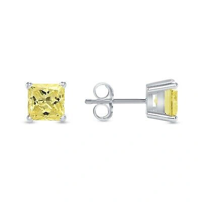 Pre-owned Shine Brite With A Diamond 2 Ct Princess Cut Canary Earrings Studs Solid 14k White Gold Push Back Basket