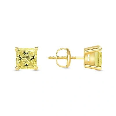 Pre-owned Shine Brite With A Diamond 1.75 Ct Princess Canary Earrings Studs Solid 18k Yellow Gold Screw Back Basket