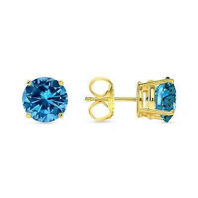 Pre-owned Shine Brite With A Diamond 6 Ct Round Cut Blue Earrings Studs Solid Real 18k Yellow Gold Push Back Basket
