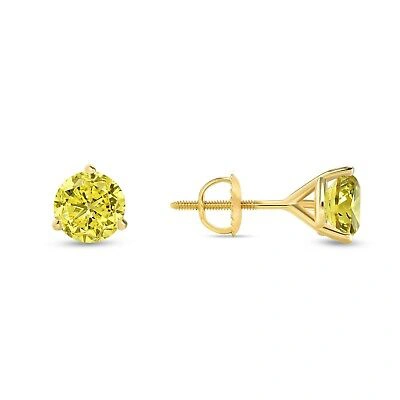 Pre-owned Shine Brite With A Diamond 2 Ct Round Cut Canary Earrings Studs Solid 18k Yellow Gold Screw Back Martini