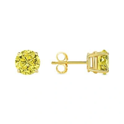 Pre-owned Shine Brite With A Diamond 2 Ct Round Cut Canary Earrings Studs Solid Real 18k Yellow Gold Push Back Basket