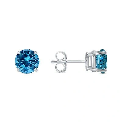 Pre-owned Shine Brite With A Diamond 2 Ct Round Cut Blue Earrings Studs Solid Real 18k White Gold Push Back Basket