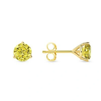 Pre-owned Shine Brite With A Diamond 2 Ct Round Canary Earrings Studs Solid Real 18k Yellow Gold Push Back Martini