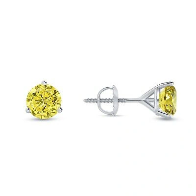 Pre-owned Shine Brite With A Diamond 2 Ct Round Canary Earrings Studs Solid Real 14k White Gold Screw Back Martini