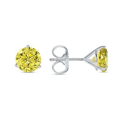 Pre-owned Shine Brite With A Diamond 4 Ct Round Cut Canary Earrings Studs Solid Real 14k White Gold Push Back Martini