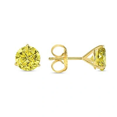 Pre-owned Shine Brite With A Diamond 5.50 Ct Round Cut Canary Earrings Studs Solid 14k Yellow Gold Push Back Martini