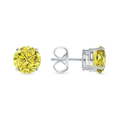Pre-owned Shine Brite With A Diamond 6 Ct Round Cut Canary Earrings Studs Solid Real 14k White Gold Push Back Basket