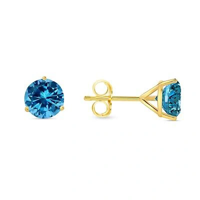 Pre-owned Shine Brite With A Diamond 3 Ct Round Cut Blue Earrings Studs Solid Real 18k Yellow Gold Push Back Martini