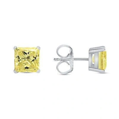 Pre-owned Shine Brite With A Diamond 6 Ct Princess Cut Canary Earrings Studs Solid 18k White Gold Push Back Basket