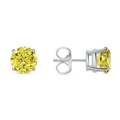 Pre-owned Shine Brite With A Diamond 3 Ct Round Cut Canary Earrings Studs Solid Real 14k White Gold Push Back Basket