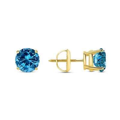 Pre-owned Shine Brite With A Diamond 4 Ct Round Blue Earrings Studs Solid 18k Yellow Gold Brilliant Screw Back Basket