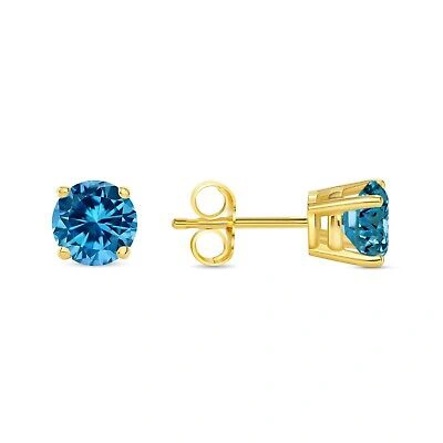 Pre-owned Shine Brite With A Diamond 1.25 Ct Round Blue Earrings Studs Solid Real 18k Yellow Gold Push Back Basket