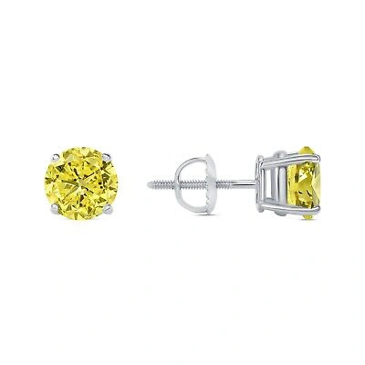 Pre-owned Shine Brite With A Diamond 2.25 Ct Round Cut Canary Earrings Studs Solid 18k White Gold Screw Back Basket