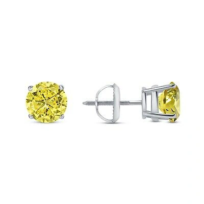 Pre-owned Shine Brite With A Diamond 4.50 Ct Round Cut Canary Earrings Studs Solid 18k White Gold Screw Back Basket