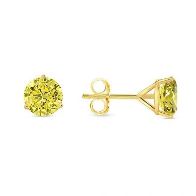 Pre-owned Shine Brite With A Diamond 3 Ct Round Canary Earrings Studs Solid Real 18k Yellow Gold Push Back Martini