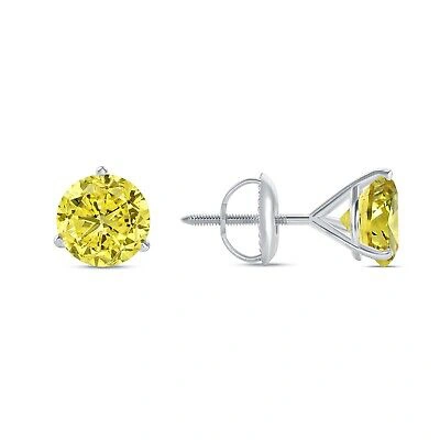 Pre-owned Shine Brite With A Diamond 4 Ct Round Canary Earrings Studs Solid Real 18k White Gold Screw Back Martini