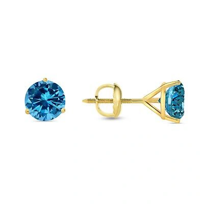 Pre-owned Shine Brite With A Diamond 3.50 Ct Round Cut Blue Earrings Studs Solid 14k Yellow Gold Screw Back Martini