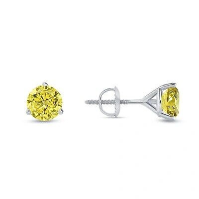 Pre-owned Shine Brite With A Diamond 1.50 Ct Round Cut Canary Earrings Studs Solid 18k White Gold Screw Back Martini