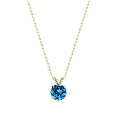 Pre-owned Shine Brite With A Diamond 1 Ct Round Cut Blue Created Diamond Real 18k Yellow Gold Pendant 18" Necklace