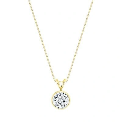 Pre-owned Shine Brite With A Diamond 2 Ct Round Cut Created Diamond Real 18k Yellow Gold Bezel Pendant 18" Necklace In White/colorless