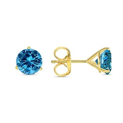 Pre-owned Shine Brite With A Diamond 5 Ct Round Cut Blue Earrings Studs Solid Real 18k Yellow Gold Push Back Martini