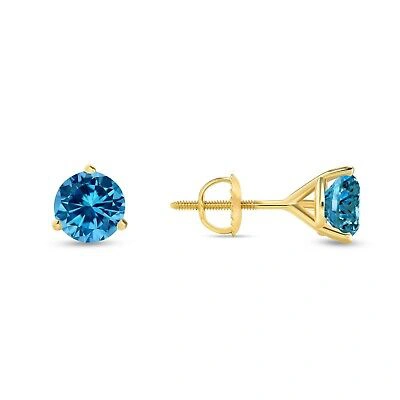 Pre-owned Shine Brite With A Diamond 1.50 Ct Round Cut Blue Earrings Studs Solid 18k Yellow Gold Screw Back Martini